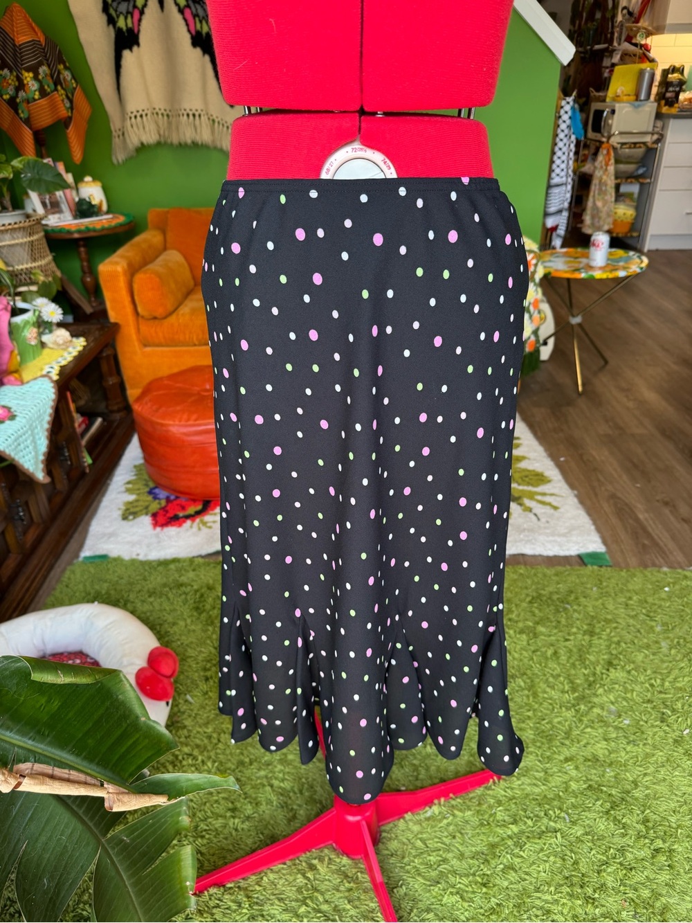 Reitmans Black Midi Skirt with Pink & Light Green Polka Dots